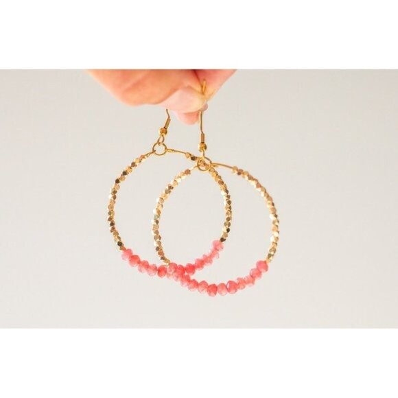 Red Jade Pink Sparkly Gold Beaded Earring Gemstone dangle hoops vacation jewelry - Picture 7 of 10